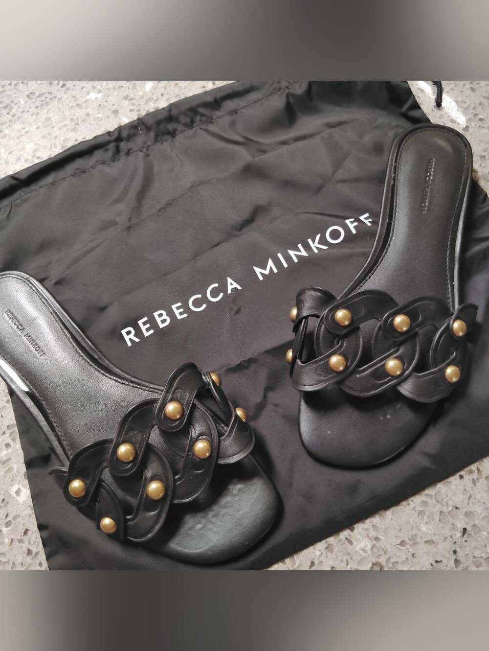 Rebecca Minkoff Black Gold Studded Slide Sandals Worn 1x Sz 6 $148